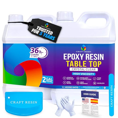 CRAFT RESIN Table Top Epoxy Resin Kit 2 Gallon – Ultra Clear, High-Gloss, UV & Scratch Resistant Finish, Bubble-Free, Self-Leveling & Food Safe. Best For Countertops, Bar Tops, Tumblers & Wood Coating - size: 2 Gallons
