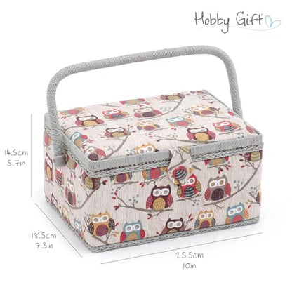 Hobby Gift Medium Sewing Box Organiser, Fabric Covered Storage Box with Handle, Internal Tray, Pin Cushion and Pocket for Sewing, Quilting and Knitting Supplies - color: Hoot