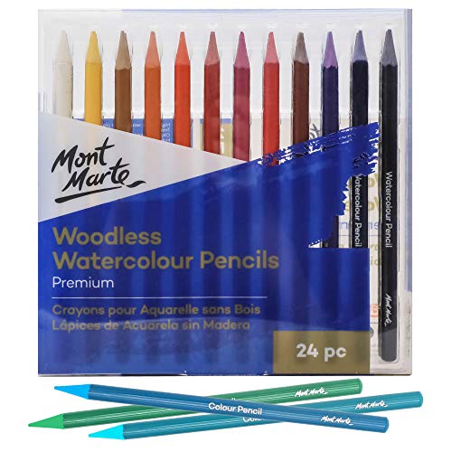 Mont Marte Premium Woodless Watercolor Pencils 24pc, 7mm (0.28in) Core, Suitable for Blending, Layering and Watercolor Techniques