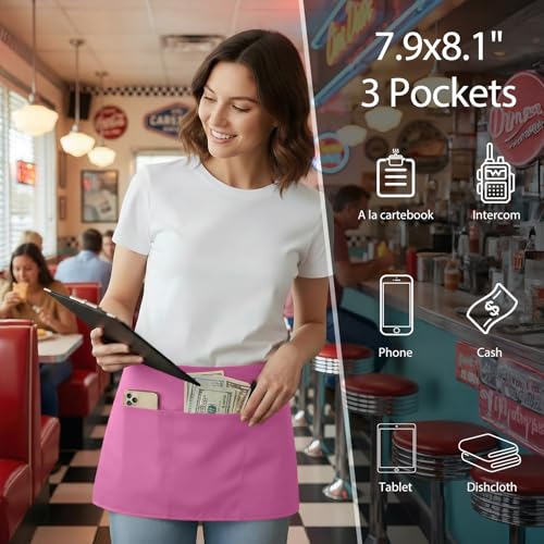 BOHARERS Pink Waitress Apron for Women with 3 Pockets - Durable Server Aprons for Restaurant Waterproof Oilproof - color: G-1 Pack Pink