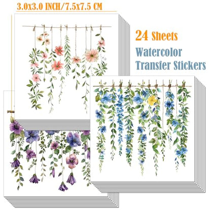 ZMRU 24 Sheets of Watercolor Style Rub on Transfers for Crafts - Perfect for Glass, Porcelain, Leather, Canvas, and Fabric Projects - IOD Transfers Included,3 * 3inch (Rattan Flowers) - style: Rattan Flowers