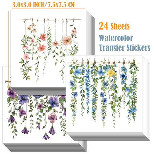 ZMRU 24 Sheets of Watercolor Style Rub on Transfers for Crafts - Perfect for Glass, Porcelain, Leather, Canvas, and Fabric Projects - IOD Transfers Included,3 * 3inch (Rattan Flowers) - style: Rattan Flowers
