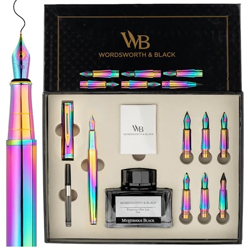 Wordsworth & Black Calligraphy Pen Gift Set, Includes Ink Bottle, 6 Ink Cartridges, A Refill Converter, 6 Replacement Nibs, Journaling, Smooth Writing Pens [Rainbow] - color: Rainbow