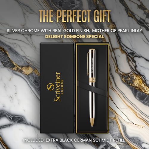 Scriveiner Personalized Silver Chrome Ballpoint Pen - Stunning Luxury Pen, Real Gold Plating, Schmidt Ink Refill, Best Engraved Ball Point Gift Set for Men & Women, Custom Name Engraving - color: 9. Silver Chrome with Gold (Personalized)