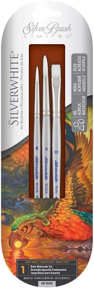 Silver Brush Limited 1520S Silverwhite Art Set, Watercolor, Acrylic, Gouache, or Oil Brushes, 2 Round Art Brushes Sizes 6 and 8, 1 Bright Painting Brush Size 10, Short Handle, Set of 3 Brushes - style: 3 Pc, Basic Watercolor Set