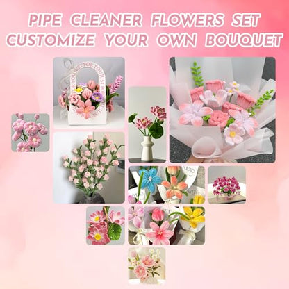 Upgraded 2026 Pipe Cleaners Craft Kit: 400-Piece DIY Flower Making Supplies with Exclusive Color Palette | Includes Chenille Stems, Floral Wire, Gardening Tape, Stamen & Ribbon for Kids Arts & Crafts - color: pink