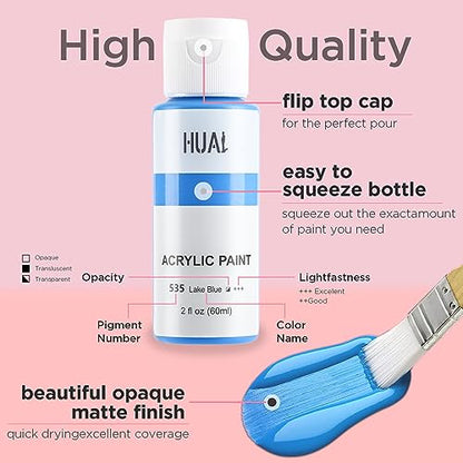 HUAL Acrylic Paint Set With 5 Brushes, 24 Colors (60ml, 2oz) for Artists Kids Beginners & Painters,Model/Canvas/Rock/Fabric/Glass/Stone/Ceramic/Wood Painting, Non Toxic - color: White Bottle (Clean Look)