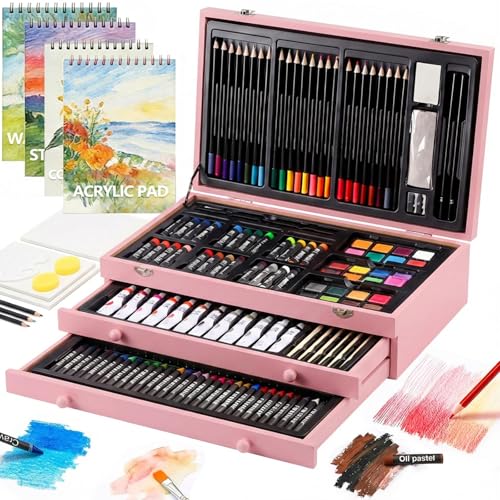194 Piece Deluxe Art Set, Painting Drawing Art Supplies with 4 Drawing Pads, Acrylic Paints, Crayons, Colored Pencils Set in Wooden Case, Art Kit Gift Box for Kids, Teens, Adults, Artists, Beginners - color: Pink