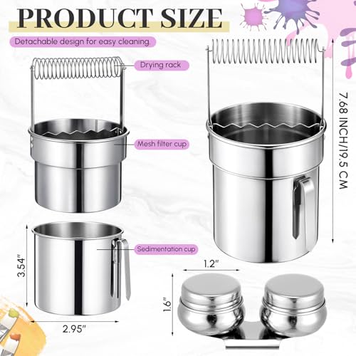2 Pcs Paint Brush Cleaner Set Stainless Steel Double Dipper Palette Cup Paint Brush Portable Washer Holder for Oil Cleaner Kits(Straight Shape,Extra Large) - size: Extra Large