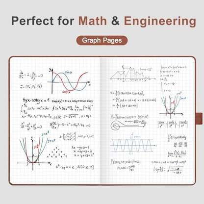 AHGXG Graph Grid Paper Notebook, 160 Pages, A5 Medium Size (5.7'' x 8.3''), 120 GSM Thick Paper, Leather Hardcover, for School, Students, Math, Engineering (Brown) - color: Brown, style: Grid