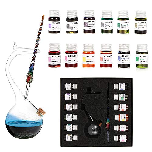 Thyggzjbs Handmade High Borosilicate Glass Glass Dip Pen Ink Set-Crystal Pen with 12 Colorful Inks for Art, Writing, Signatures, Calligraphy, Decoration, Gift (Colorful) - color: Colorful
