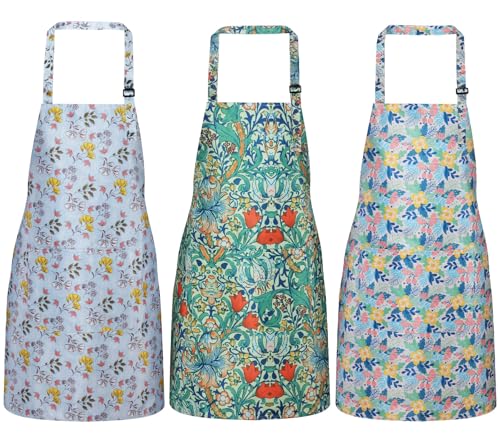 3 Pack Waterproof Floral Aprons for Women, Adjustable Strap Apronwith Pocket Multi-Use for Kitchen, Art, Garden - color: Floral 2