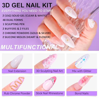 Makartt 3D Gel Nail Art for Nails Starter Kit: Clear and White 3D Sculpting Gel Non-Sticky Molding Carving Glue Extension Builder DIY Manicure Gold & Silver Chrome Powder Solid Soak Off Hard Gels - color: Clear & White Starter Kit