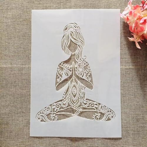 TIAMECH A4 Reusable Yoga Girl Stencil for Painting | Mandala Praying Girl Layering Template, DIY Wall Art, Wood Furniture, Scrapbook & Crafts (8.3x11.7inch) - style: Yoga Girl
