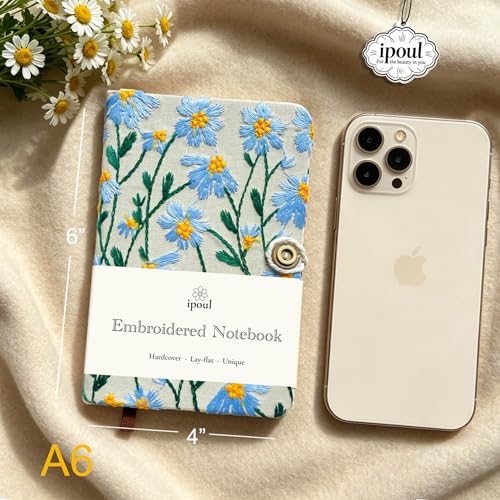 Pocket Notebook, Small Sketchbook, A6 Journal, 4x6 Notebook, Daisy Gifts for Women, Floral Notebook, Embroidery Journal, Blank Notebook, Hardcover, Diary for Girls, Blue Daisy - color: A6-button-blue, style: Plain