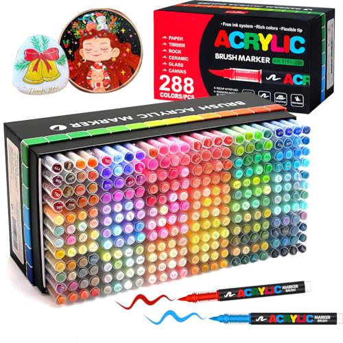 Amamao 288 Colors Acrylic Paint Markers, Soft Brush Tip Pens and Markers, Acrylic Paint Pens for Wood, Stone, Canvas, Glass, Fabric, Egg, Rock Painting and DIY Crafts Art Supplies (288 BOX) - style: 288 BOX