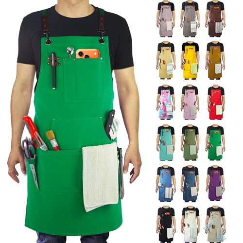 Kitchen Apron, Work Apron, Canvas, Multiple Pockets, Gardening, Painting, BBQ, Artist, Carpenter, Sizes M to XXL, Green - color: Green