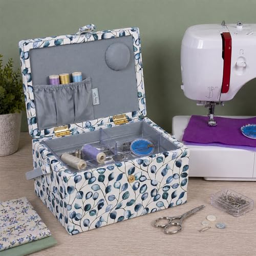 Hobby Gift Medium Sewing Box Organiser, Fabric Covered Storage Box with Handle, Internal Tray, Pin Cushion and Pocket for Sewing, Quilting and Knitting Supplies - color: Botanical