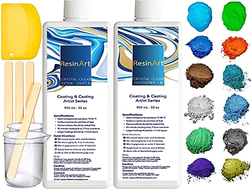 Epoxy Resin AB Part - 64oz Crystal Clear Resin Kit for Art Craft Resin Jewelry Making River Tables Casting and Coating 10 Mica Pigments, 2 Glow in The Dark Colors, 3 Accessories