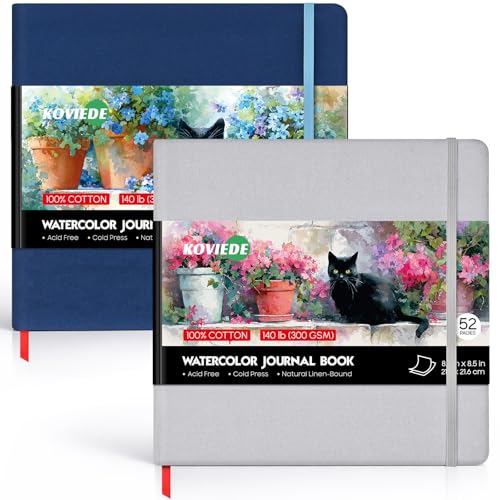 KOVIEDE 8.5"x8.5" Watercolor Journal, 140LB/300GSM 100% Cotton Water Color Sketchbook, Acid-Free Cold Press Watercolor Paper Pad Mixed Media, 2 Pack, 26 Sheets / 52 Pages Each - color: Gray - Blue - 2P, size: 8.5"x8.5"