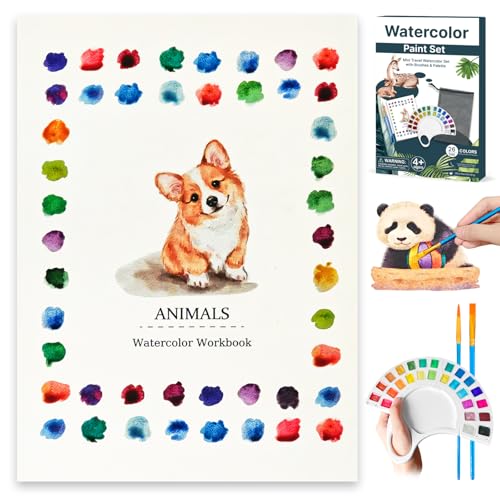 Watercolor Workbook, Water Coloring Book with 13 Pages 300GSM Paper, 26 Colors Watercolor Paint Set with Brush & Storage Bag, Beginner-Friendly Coloring Book for Adults - Animal Theme Art Kit - color: Animal Theme