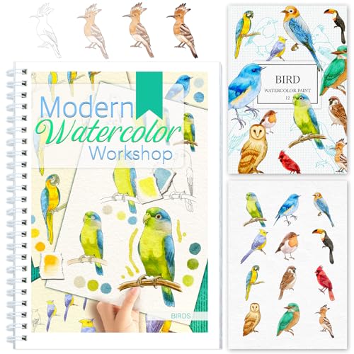 Watercolor Workbook with Step-by-Step - 12 Watercolor Coloring Pages - 100% Cotton 300gsm/140lb Watercolor Paper - Gift for Women, Adults, Beginners (Birds) - style: Birds