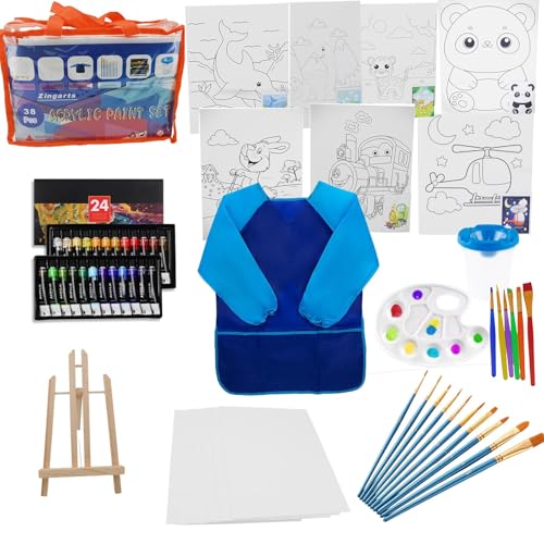 ZingArts 38-Piece Kids Art Set with 24 Acrylic Paints, Wooden Easel, Canvas, Brushes & Smock | Complete Painting Kit for Boys & Girls