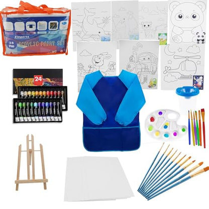 ZingArts 38-Piece Kids Art Set with 24 Acrylic Paints, Wooden Easel, Canvas, Brushes & Smock | Complete Painting Kit for Boys & Girls