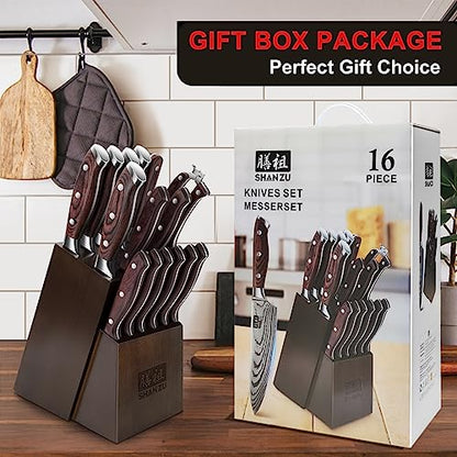 SHAN ZU Knife Set 16 pcs, Japanese Kitchen Knife with Block High Carbon Stainless Steel Ultra Sharp Knife for Kitchen, Professional Chef Knife Set with Sharpener - color: 16 PC KNIFE SET