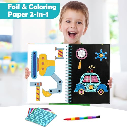 FUNNYB&G Foil Art Craft Kit for Boys 4-10 Years Old: Mess-Free & No-Glue, Create 16 Sparkly Vehicle Pictures – Perfect Travel Toy & Birthday Gift for Kids (Vehicle) - style: Vehicle