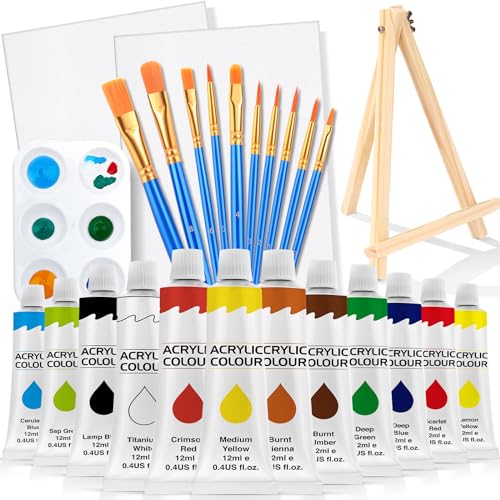 ESRICH 26 PCS Acrylic Paint Set with 12 Colors Acrylic Paints (12ml, 0.4 oz), 10 Paint Brushes, 2 Canvas, 1 Wood Easel, 1 Plate, Painting Supplies Kits for Kids, Adults, Artists and Beginners - color: 12 Color