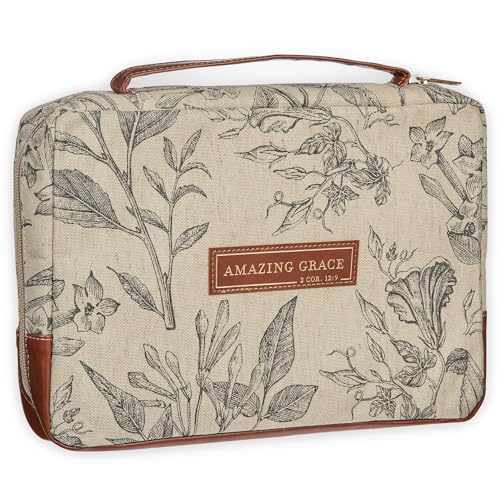 Christian Art Gifts Women's Premium Natural Canvas Vegan Leather Fashion Bible Cover: Amazing Grace - Inspirational Scripture, Sturdy Protective Book Carry Case Accessory, Creamy Brown Floral, Large - size: Large