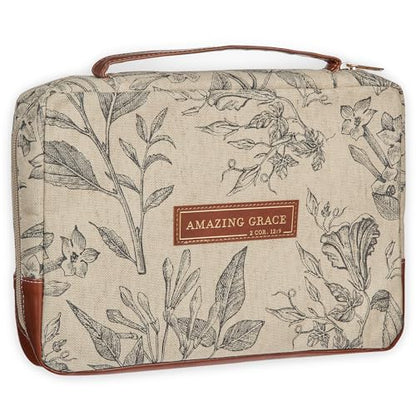 Christian Art Gifts Women's Premium Natural Canvas Vegan Leather Fashion Bible Cover: Amazing Grace - Inspirational Scripture, Sturdy Protective Book Carry Case Accessory, Creamy Brown Floral, Large - size: Large
