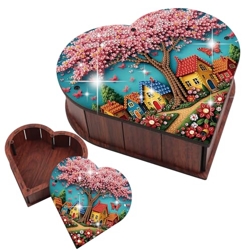 JZHYOAN Tree House DIY Pattern Heart-Shaped Diamond Painting Wooden Storage Box Diamond Art Jewelry Box Kits Large Capacity Organizer Case for Valentine's Day Desktop Decoration Storage Cubes Gift - color: Pink tree