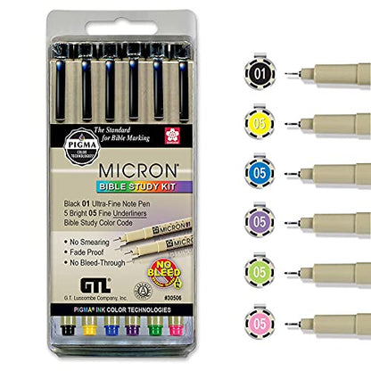 G.T. Luscombe Company, Inc. Pigma Micron 01 Fine & 05 Medium Point Bible Study Pen Kit | No Smearing or Fading | Bible Safe | Artist Pens | No Bleed Pigmented Ink (Set of 6) | New Packaging | - style: Set of 6