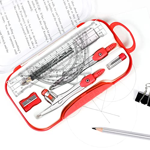 Unjoo Math Geometry Sets 10 Piece Student Supplies with Shatterproof Storage Box,Includes Rulers,Protractor,Compass,Eraser,Pencil Sharpener,Lead Refills,Pencil,for Drafting and Drawings (Red)） - color: Red1