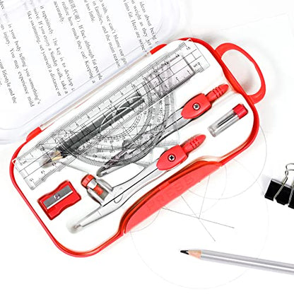 Unjoo Math Geometry Sets 10 Piece Student Supplies with Shatterproof Storage Box,Includes Rulers,Protractor,Compass,Eraser,Pencil Sharpener,Lead Refills,Pencil,for Drafting and Drawings (Red)） - color: Red1