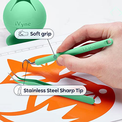 iVyne (8pcs) Premium Vinyl Weeding Tool Kit & Weeding Scrap Collector Soft Grip Tools with Berry, Weeder, Tweezers, Picker Or Hook, and Scraper Set for Scrapbooking & HTV - - color: Silicone Tools & Berry Green