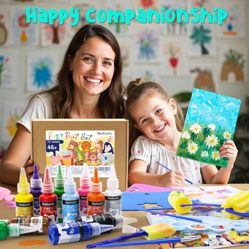 88 PCS Washable Finger Paint Set for Toddlers , 14 Colors Kids Paint Kit with Finger Paint Paper, Brushes, Rolling Tools, Cute EVA Templates, Waterproof Aprons & Palette — Non-Toxic Toddler Painting Set - color: 14 Colors