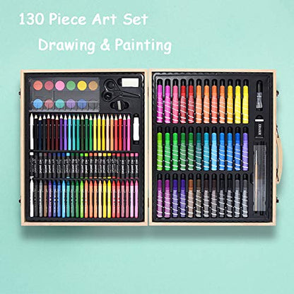 Darnassus 130-Piece Art Set, Deluxe Professional Color Set, with Compact Portable Wooden Case, Art Kit Gift for 4-12 Age