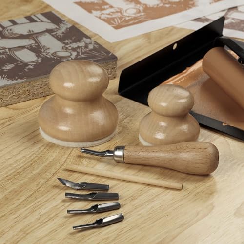 Creative Mark Linoleum Carving Tools Set with Ergonomic Beechwood Handle, 5 Tempered Steel Blades, Block Printing Linocut Tools for Soft Linoleum or Pine, Wooden Storage Box Included