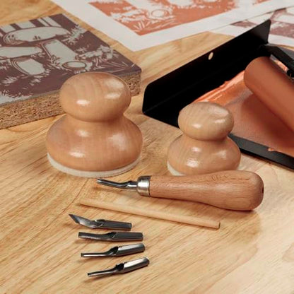 Creative Mark Linoleum Carving Tools Set with Ergonomic Beechwood Handle, 5 Tempered Steel Blades, Block Printing Linocut Tools for Soft Linoleum or Pine, Wooden Storage Box Included