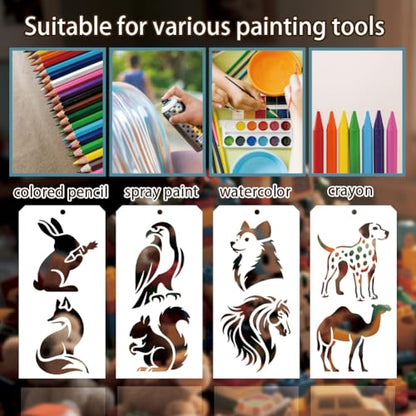 12 Pcs Animal Stencils for Painting, 31 Styles Cute Animal Painting Stencils Reusable Plastic Drawing Templates for Scrapbooking DIY Art Craft - style: Animal