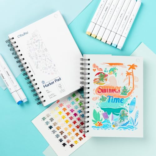 Ohuhu Double-Sided Marker Pads Art Sketchbook Bleedproof - 5.5"x8.5" Small Paper Size - 90 LB/150 GSM Smooth Drawing Paper - 60 Sheets/120 Pages, Spiral Bound Sketching Book for Alcohol Markers Paints - size: 5.5" x 8.5"