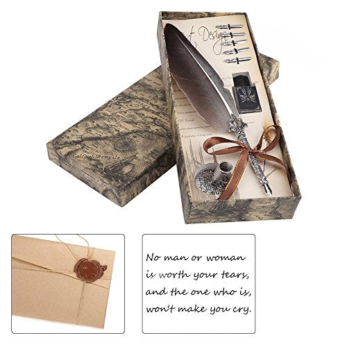 Calligraphy Pen Set Writting Quill Feather Pen 100% Hand Craft Real Feather and Stainless Steel Nib Best Antique Executive，Contains Ink no Need to Purchase Additional Ink (Black)