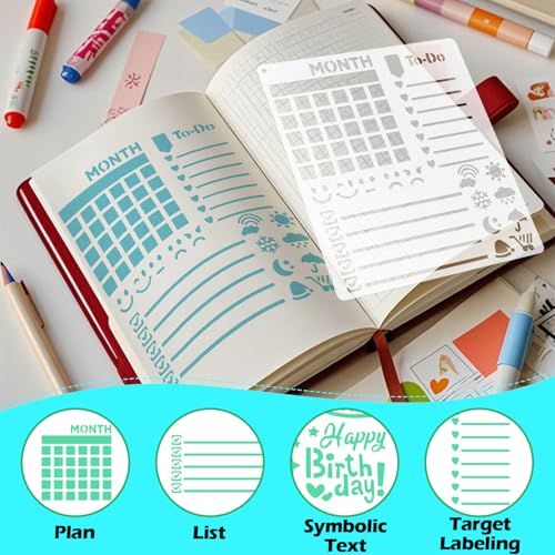Yazhiji 8 PCS Scrapbook Stencils, Planner Stencils for Junk Journal Notebook Diary Scrapbook DIY Drawing Template Journal Stencil 5.5x6.3 Inch - style: Scrapbook Template