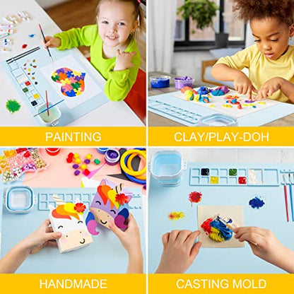 Silicone Art Mat with Cup, Painting Mat for Crafts Resin Casting, Artist Mat with Pen Holders for Kids Gift, Clay, DIY Creations and Play Doh, Christmas Gift for Kids (Blue) - color: Blue