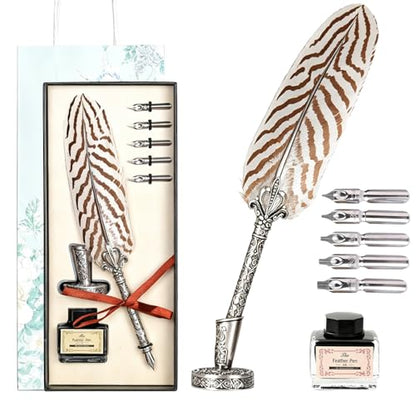 Joyeee Writing Quill and Ink Set, With Stainless Steel Replaceable Nibs, Sliver Metal Carving Pen Holder, Feather Pen Ink for Beginners and Calligraphy Enthusiasts, Retro Writing and Drawing Tool - color: Beige Quill Pen Set