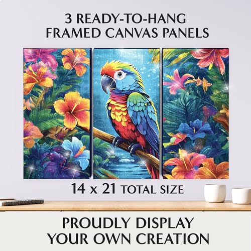 ArtSkills Diamond Painting Kit, Diamond Art Ready to Hang Framed Canvas with Storage and Accessory Kit, Parrot Paradise, 3 Stretched Canvas Panels, 14” x 7” Each - color: Parrot Paradise