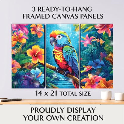 ArtSkills Diamond Painting Kit, Diamond Art Ready to Hang Framed Canvas with Storage and Accessory Kit, Parrot Paradise, 3 Stretched Canvas Panels, 14” x 7” Each - color: Parrot Paradise